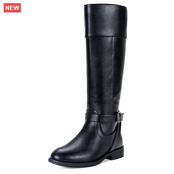 Knee High Riding Boots Wide Calf Comfortable Metal Buckle Zipper